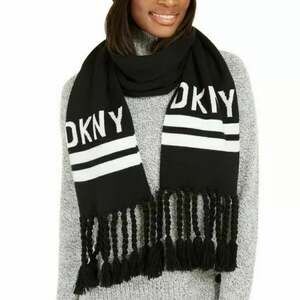 DKNY Black White Logo Stadium Tassel Winter Scarf Winter wrap fringe